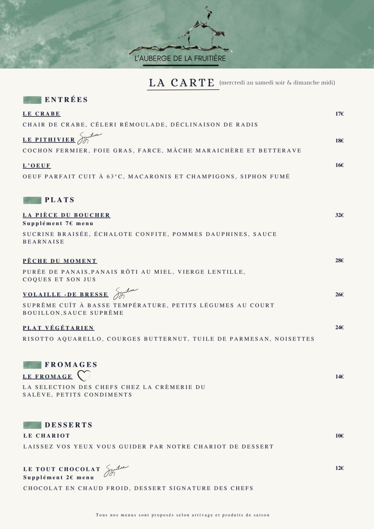 Auberge de la Fruitiere menu