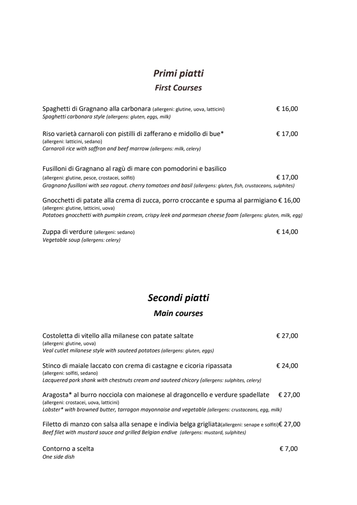 Ristorante Conte Camillo menu