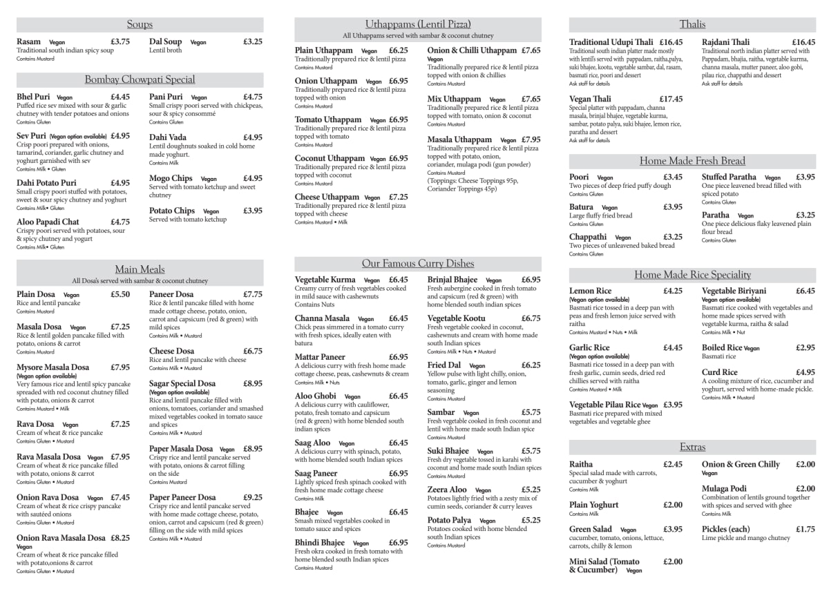 Menù completo e carta 2024 Sagar Vegetarian Hammersmith a Londra