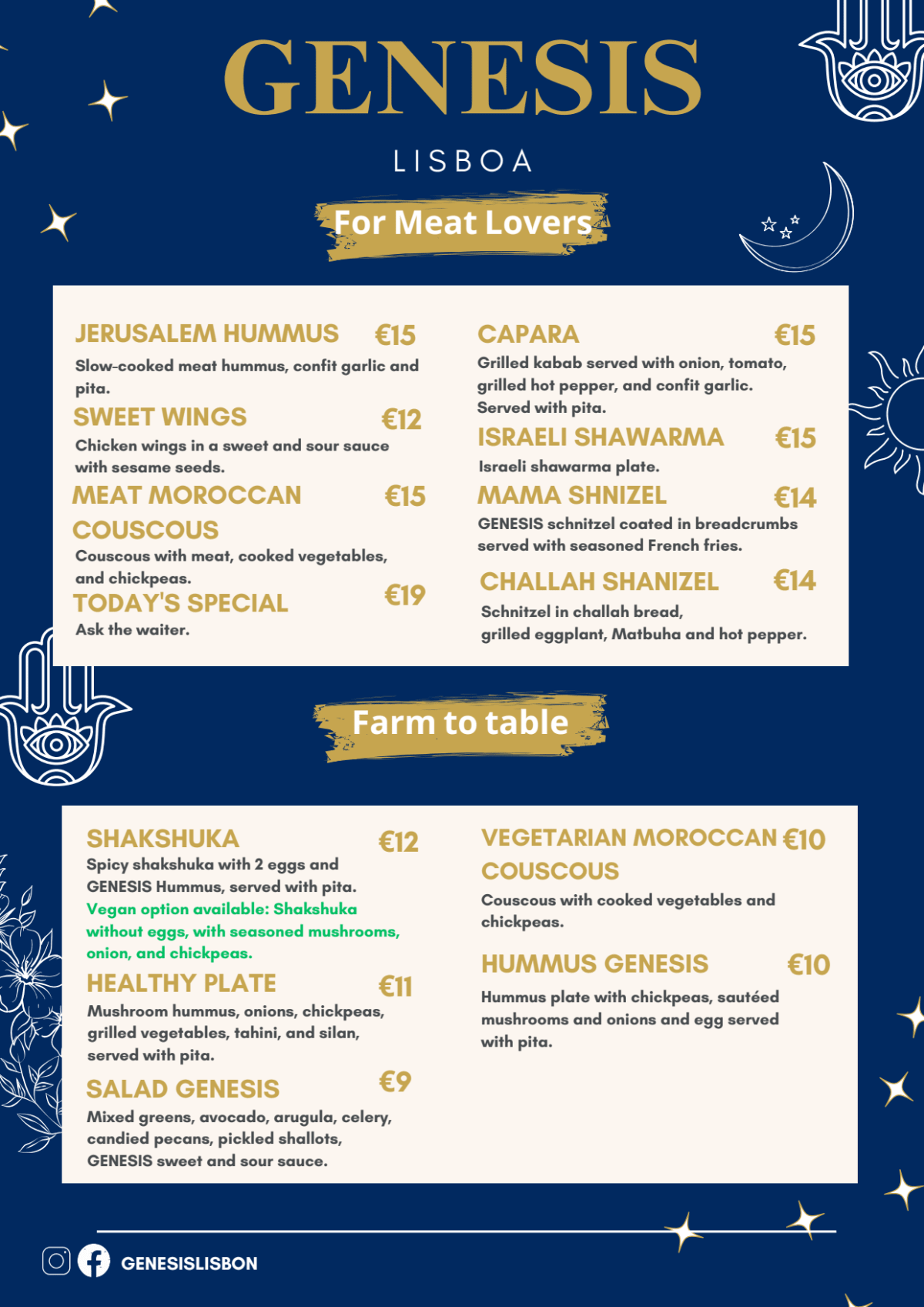 Carte et Menus 2024 Genesis Lisbon Kosher Restaurant à Lisbonne