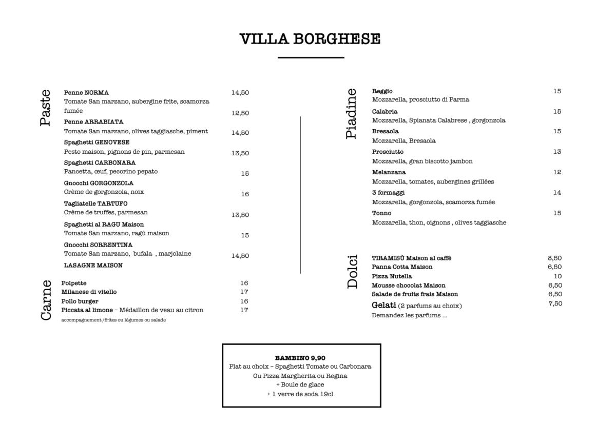 La Villa Borghese menu