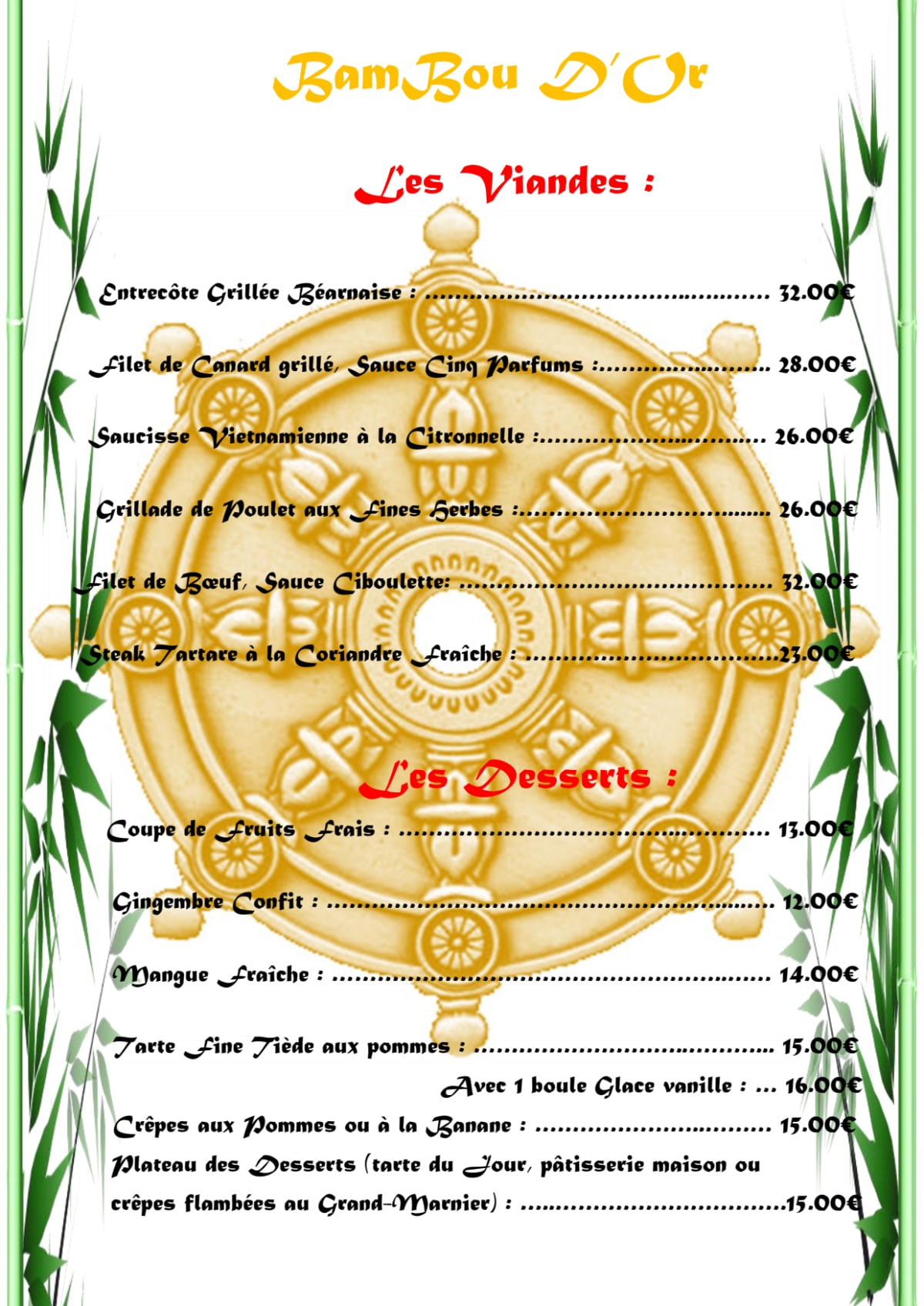Bambou d'Or menu