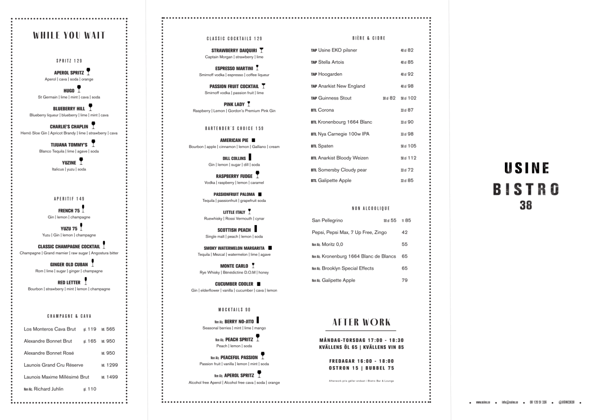 Usine Bistro 38 menu