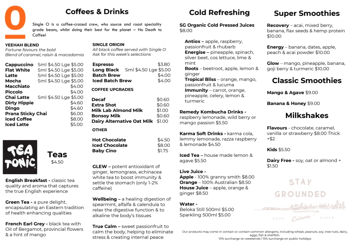 Carte et Menus 2023 Stay Grounded Cafe & Diner à Collaroy (NSW) TheFork