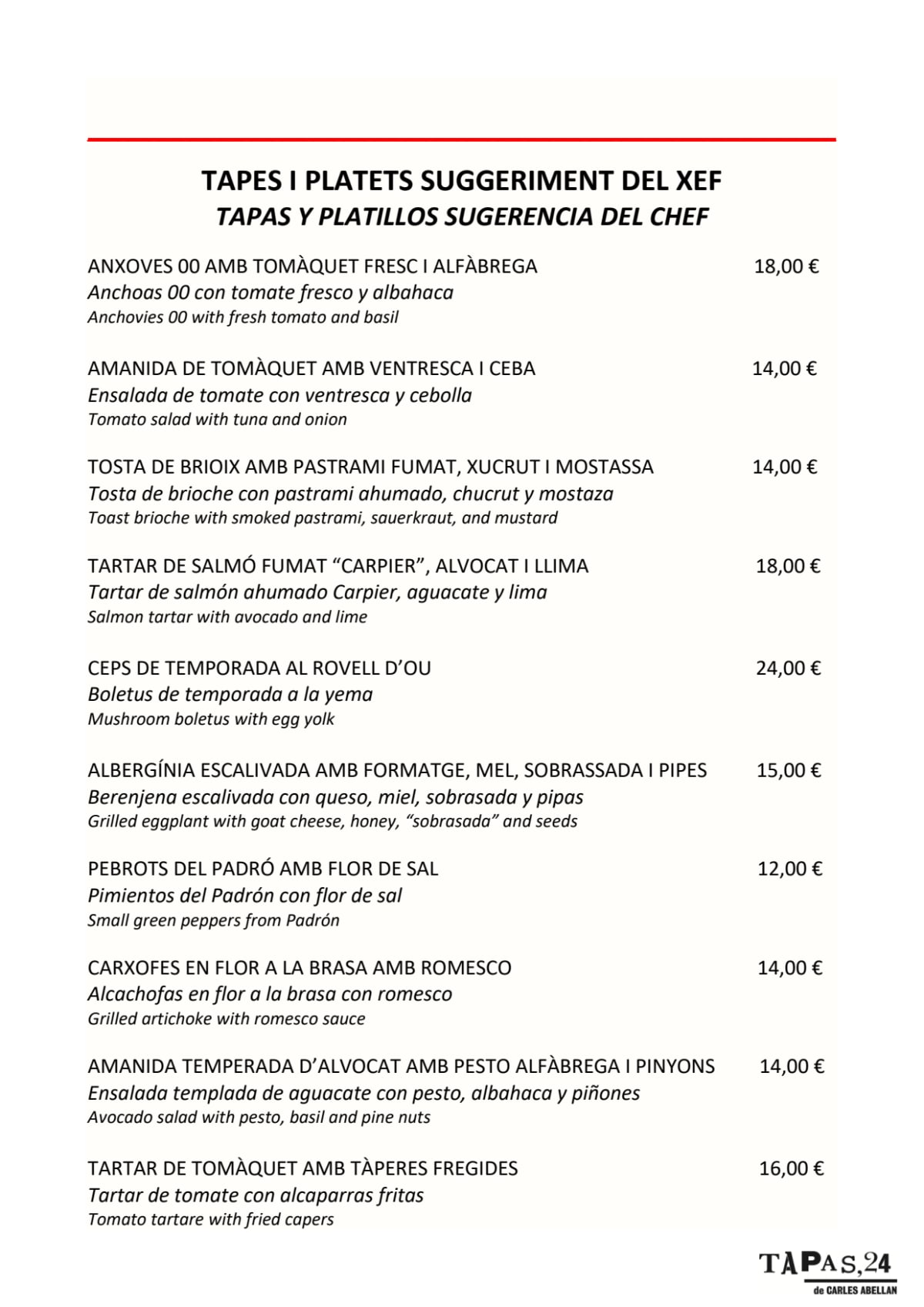 Tapas 24 - Diputació menu