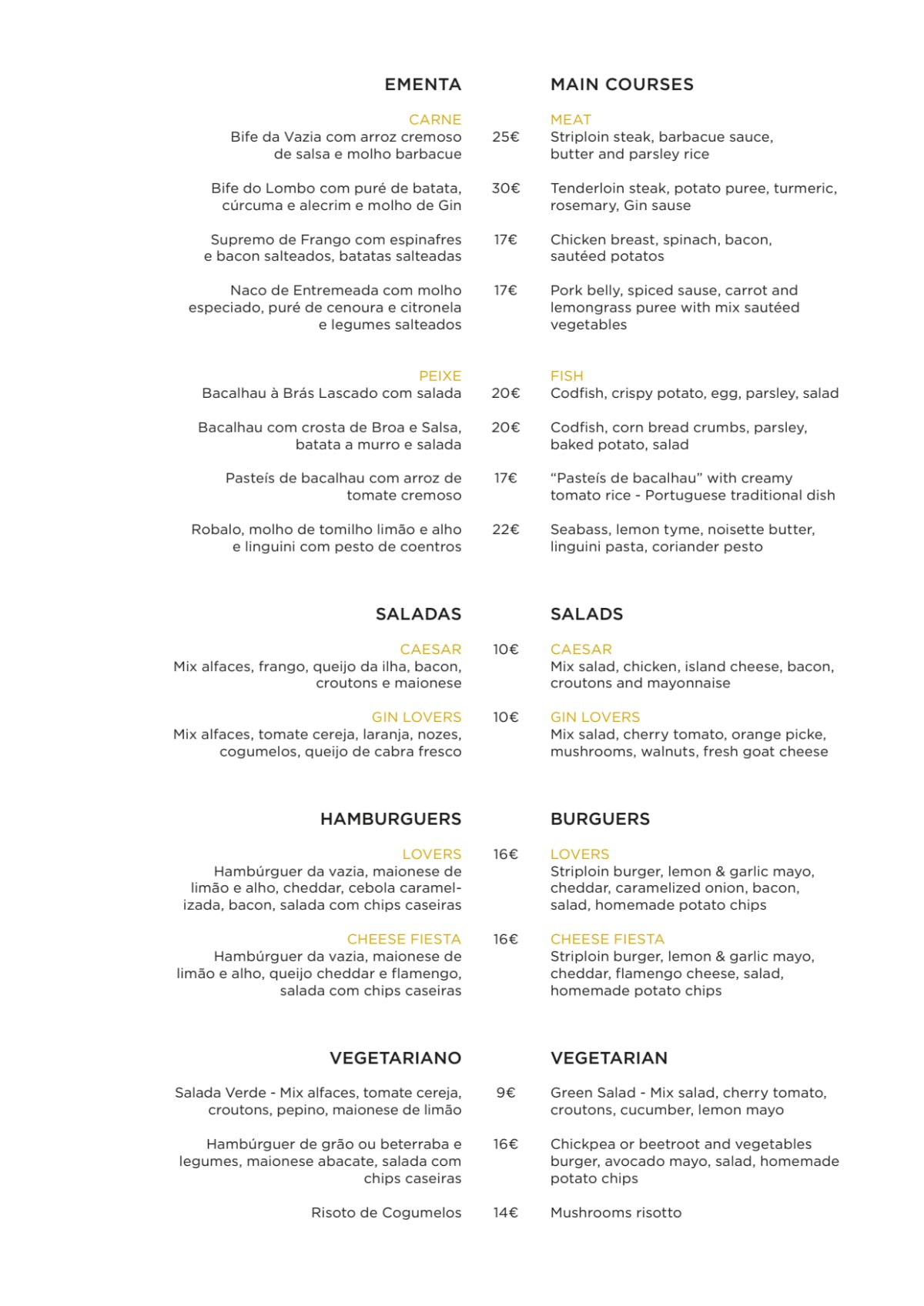 Gin Lovers Bar & Restaurant menu