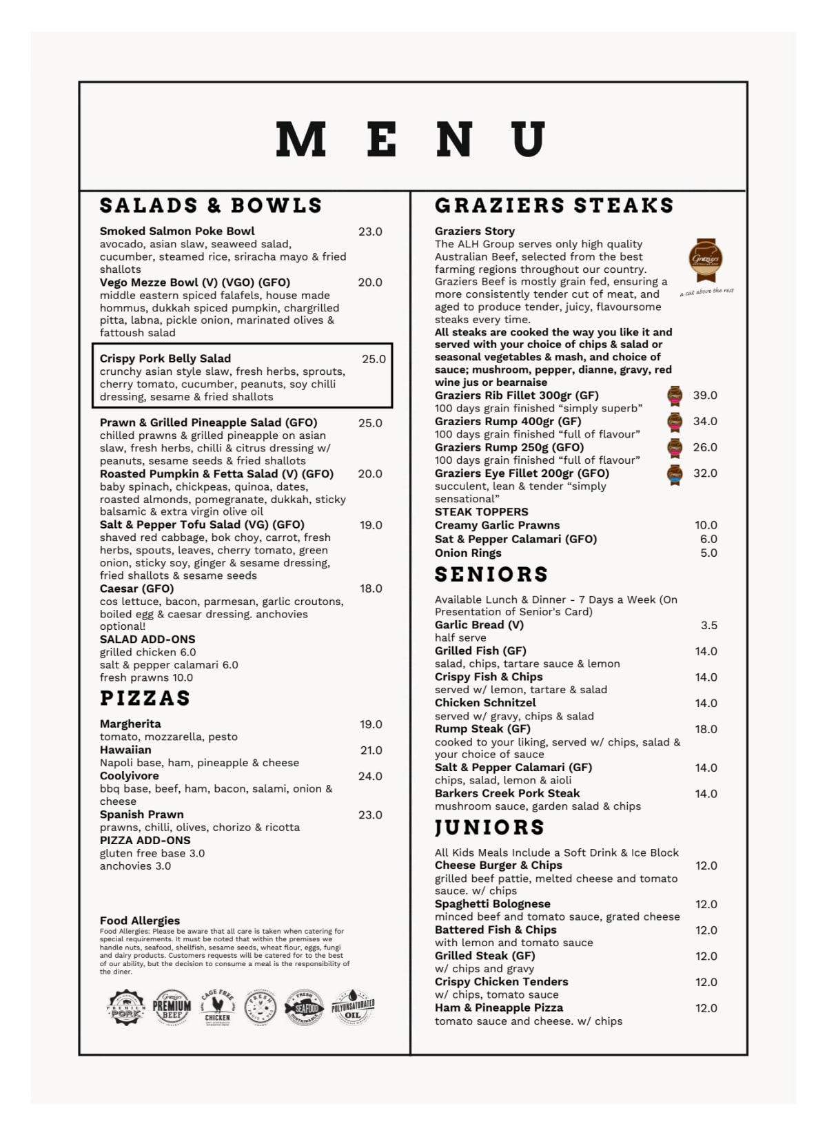 Carte Et Menus 2023 Coolum Beach Hotel à Coolum Beach Thefork