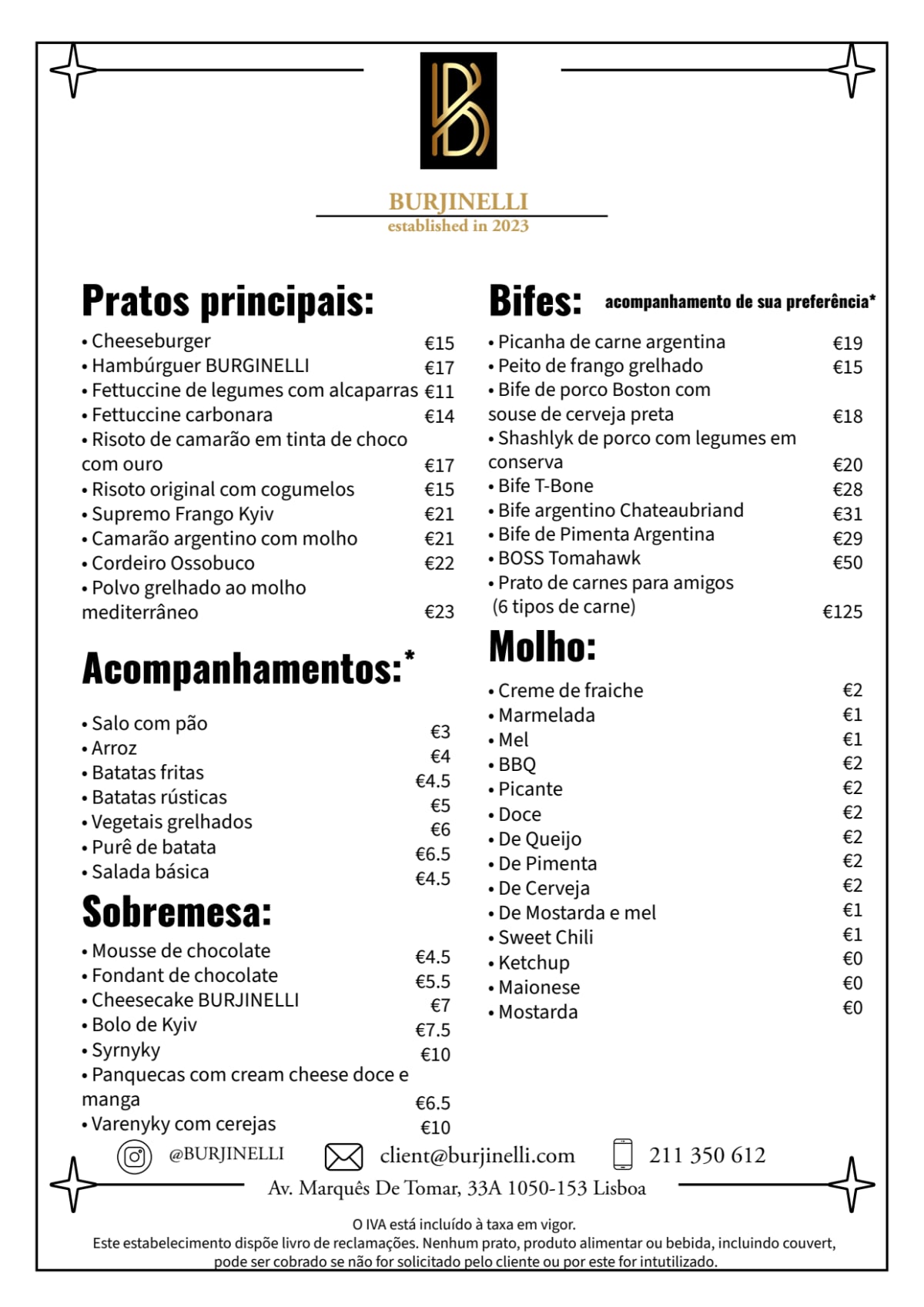 Burjinelli menu