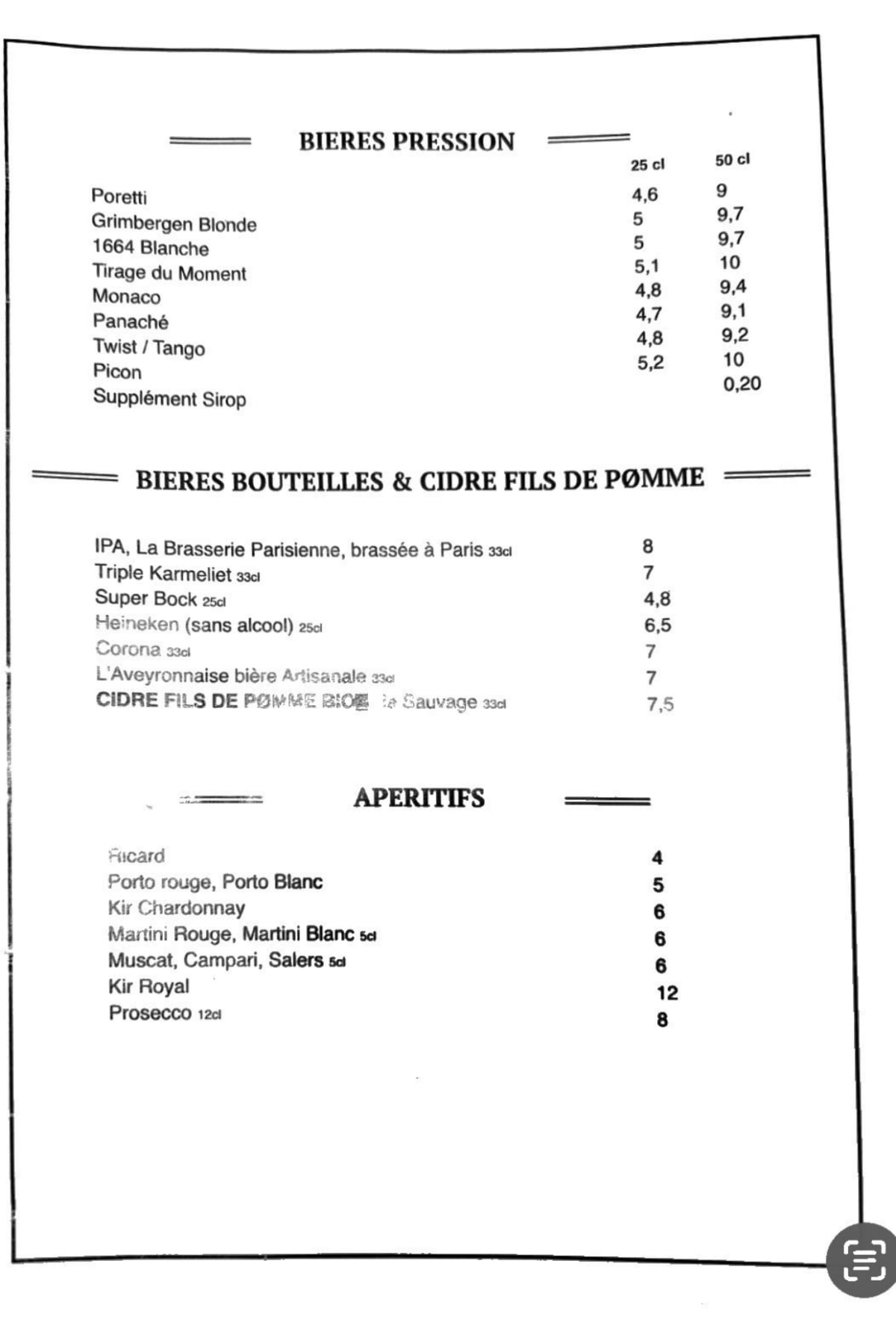 Les Tanneurs de la Butte menu