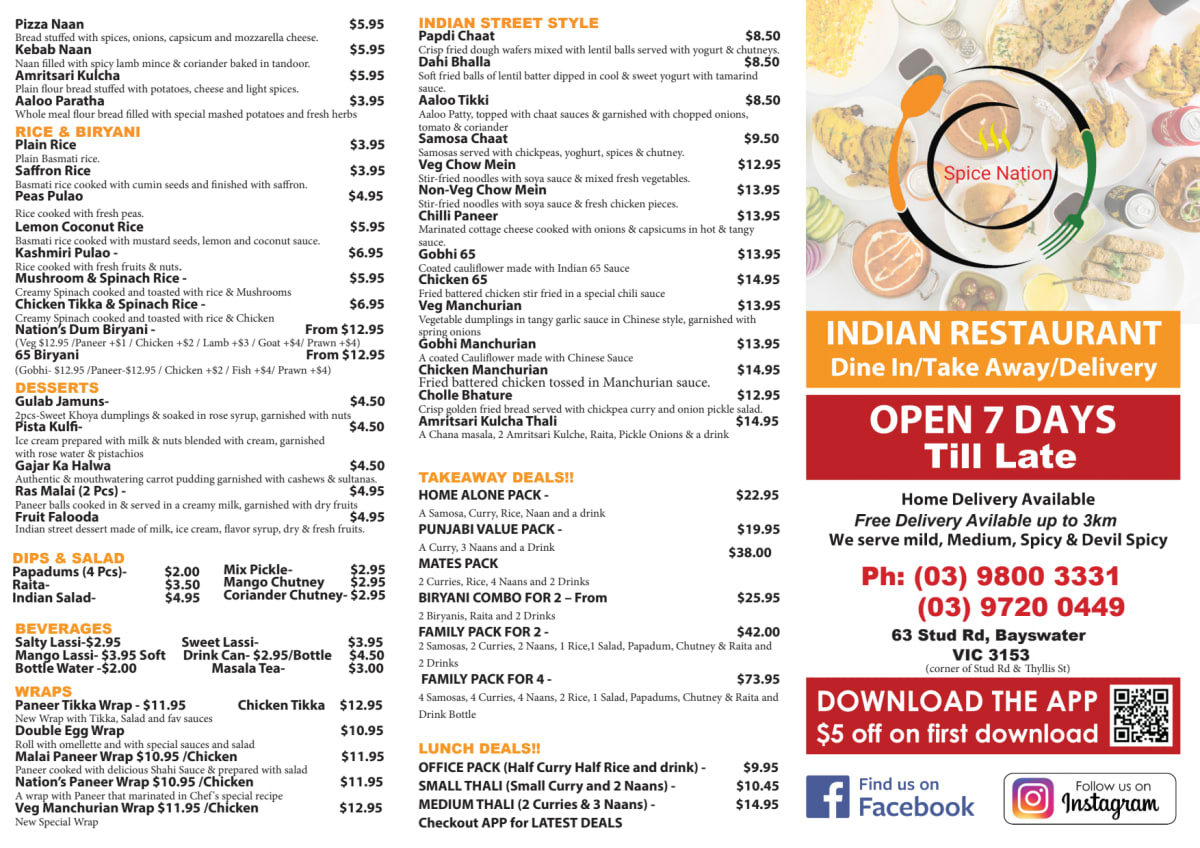 Menus 2023 Spice Nation Bayswater in Bayswater TheFork