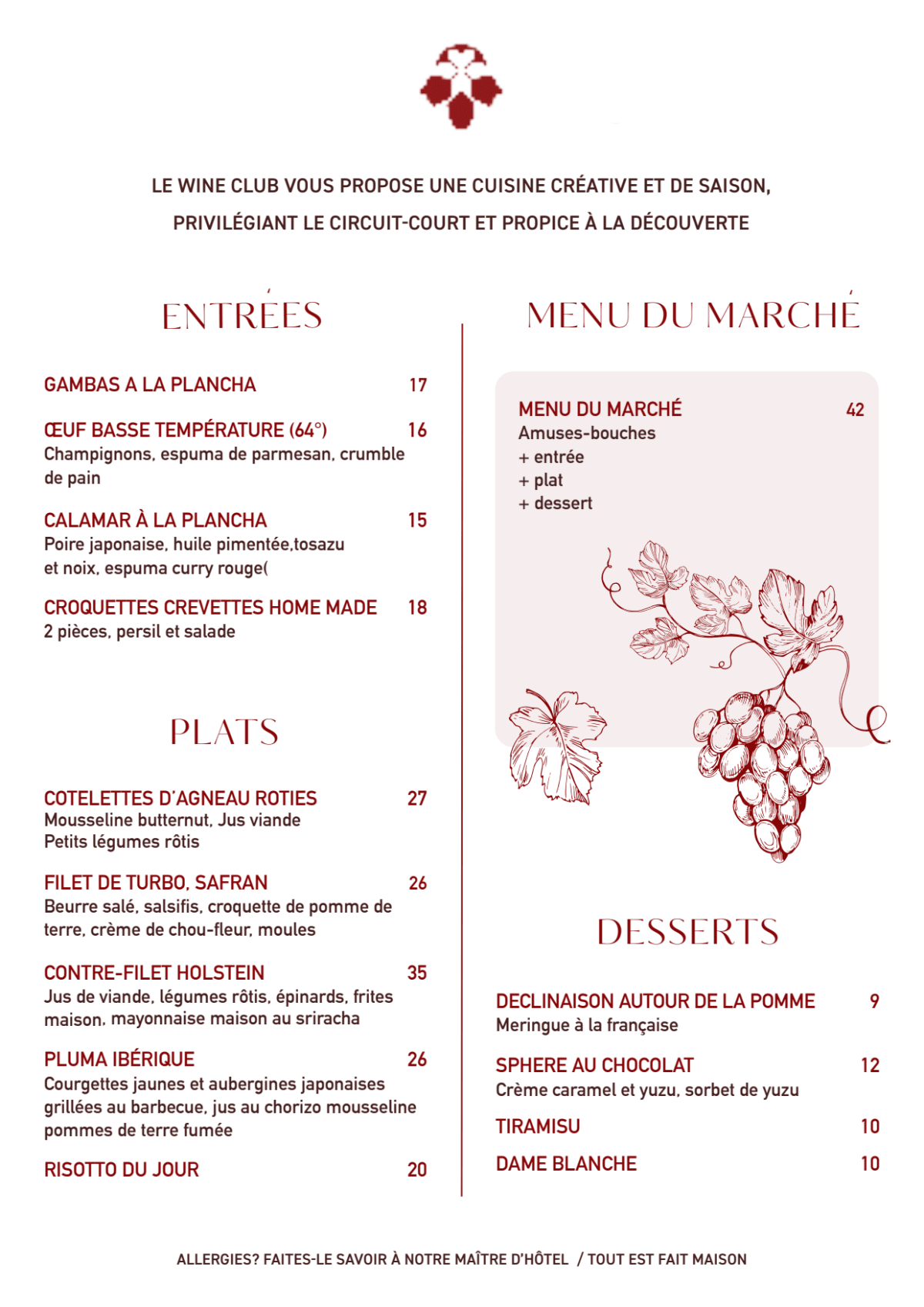 The Wine Club menu