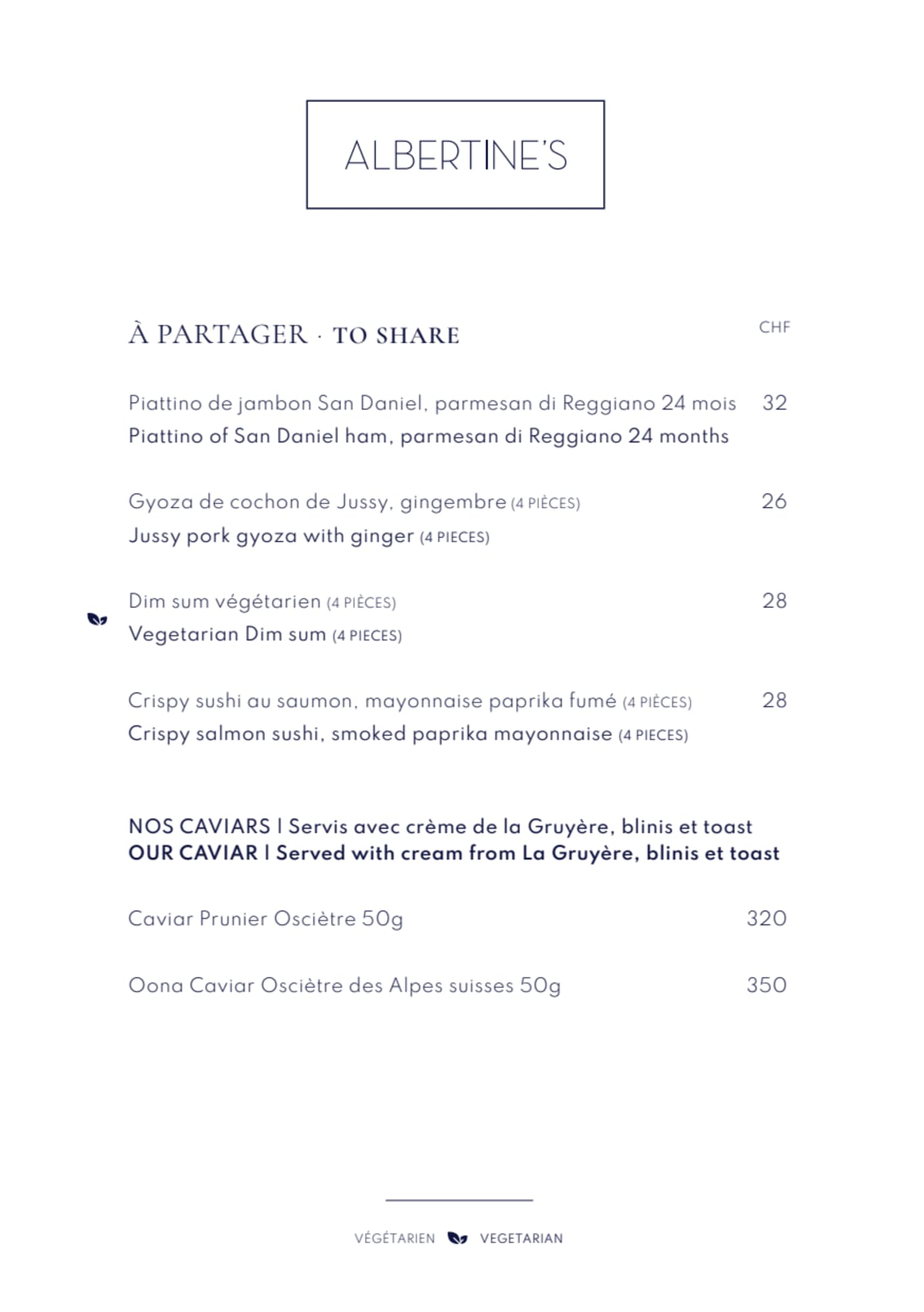 Albertine's - Beau-Rivage Genève menu