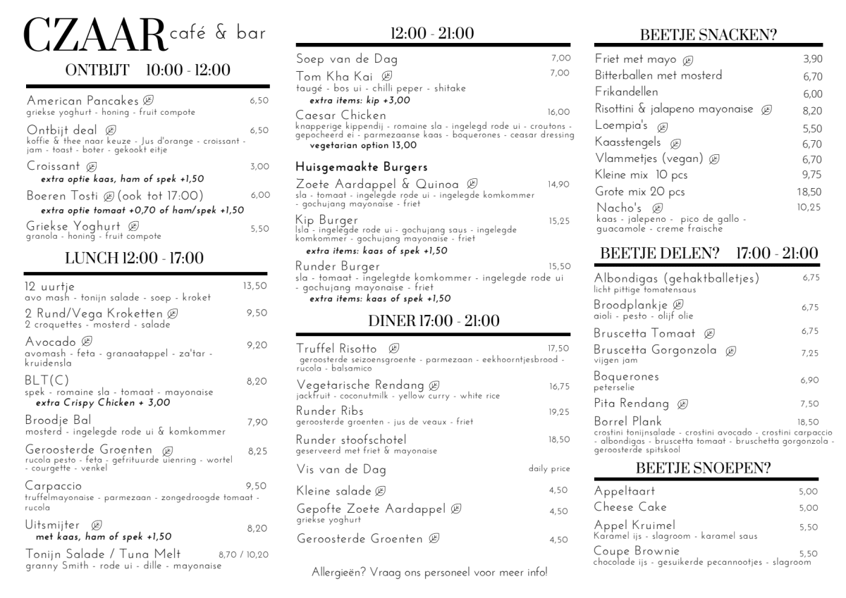 Czaar menu