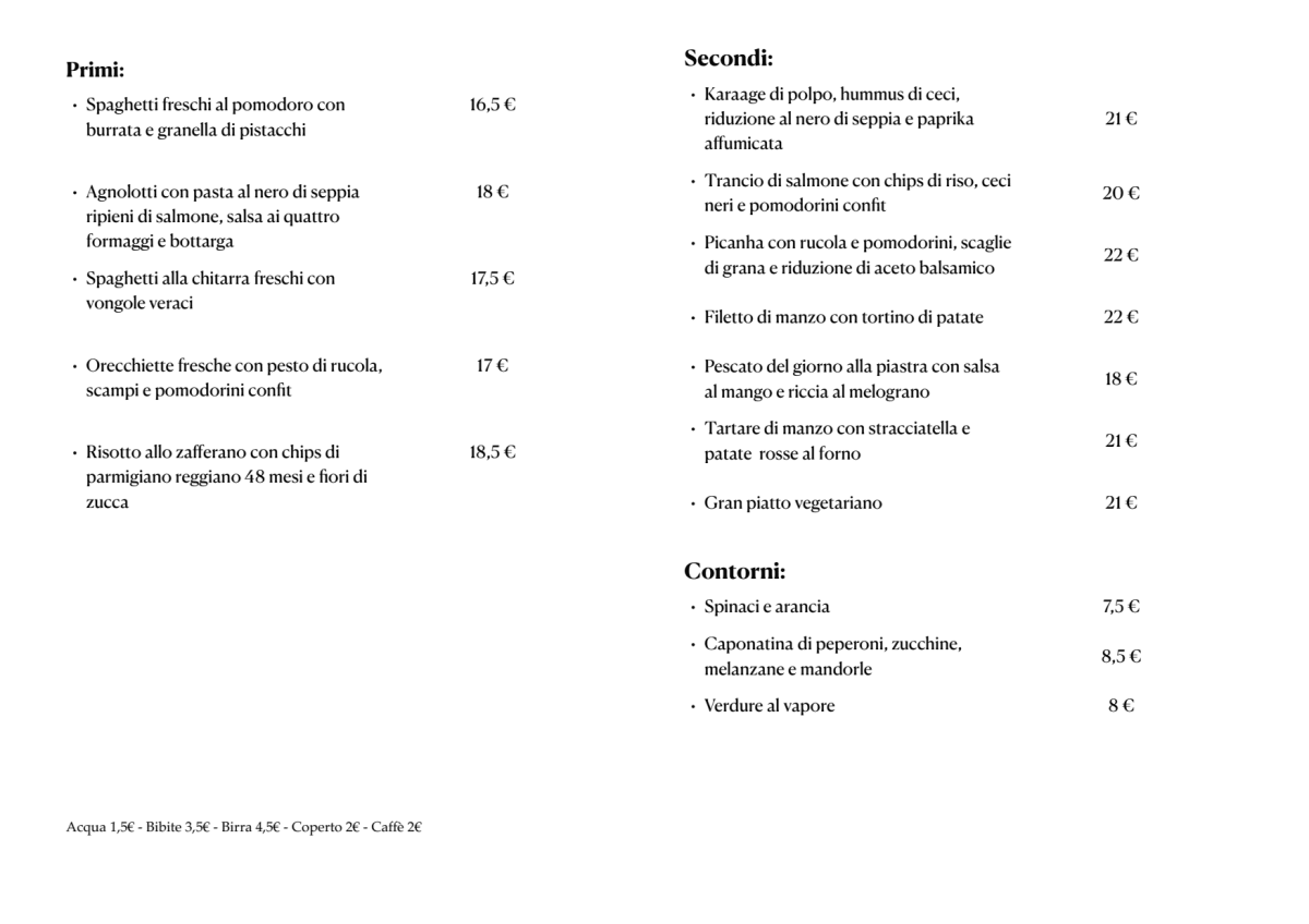 Angelo's bistrot menu