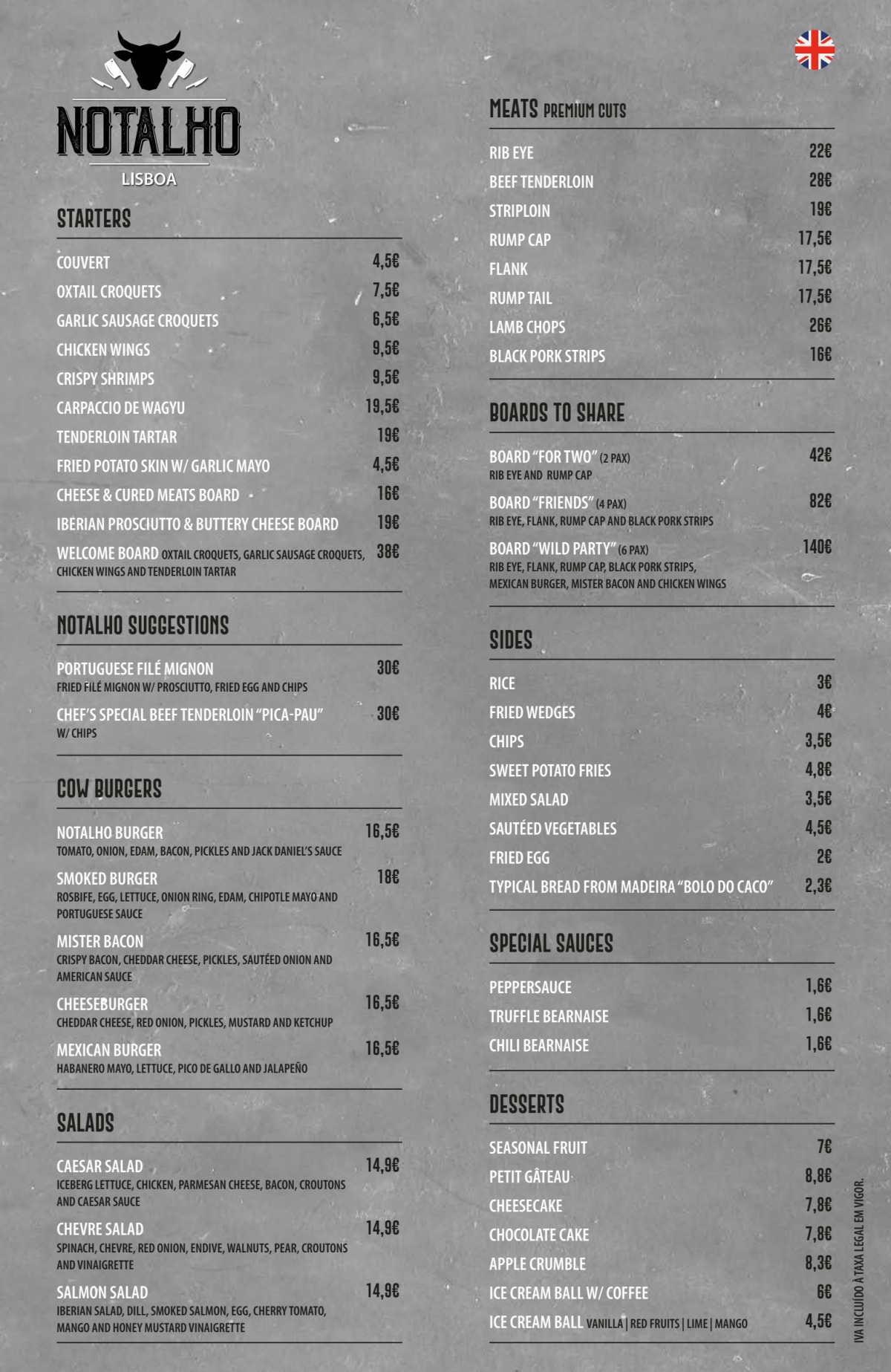 NoTalho - Lisboa menu