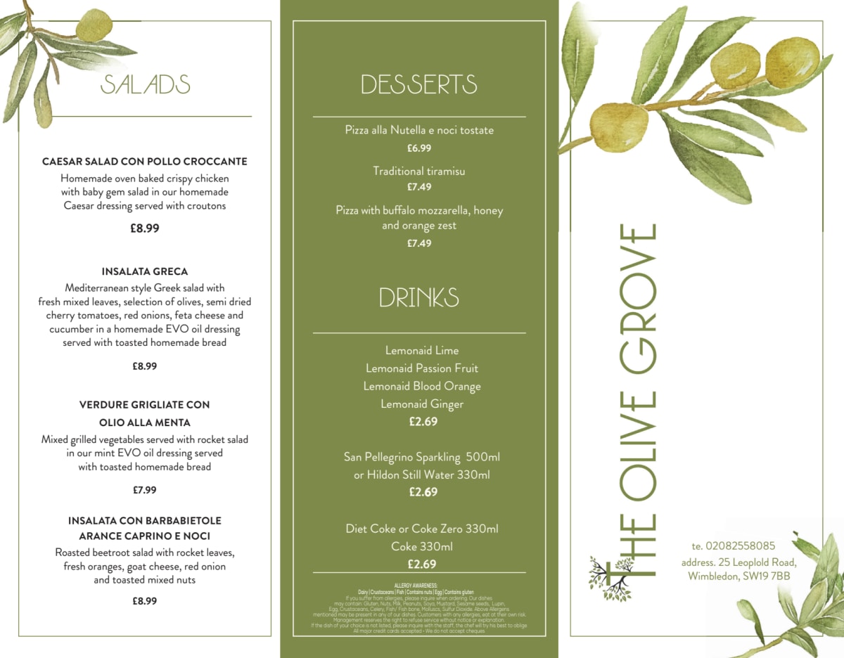 Carte et Menus 2024 The Olive Grove à Londres TheFork