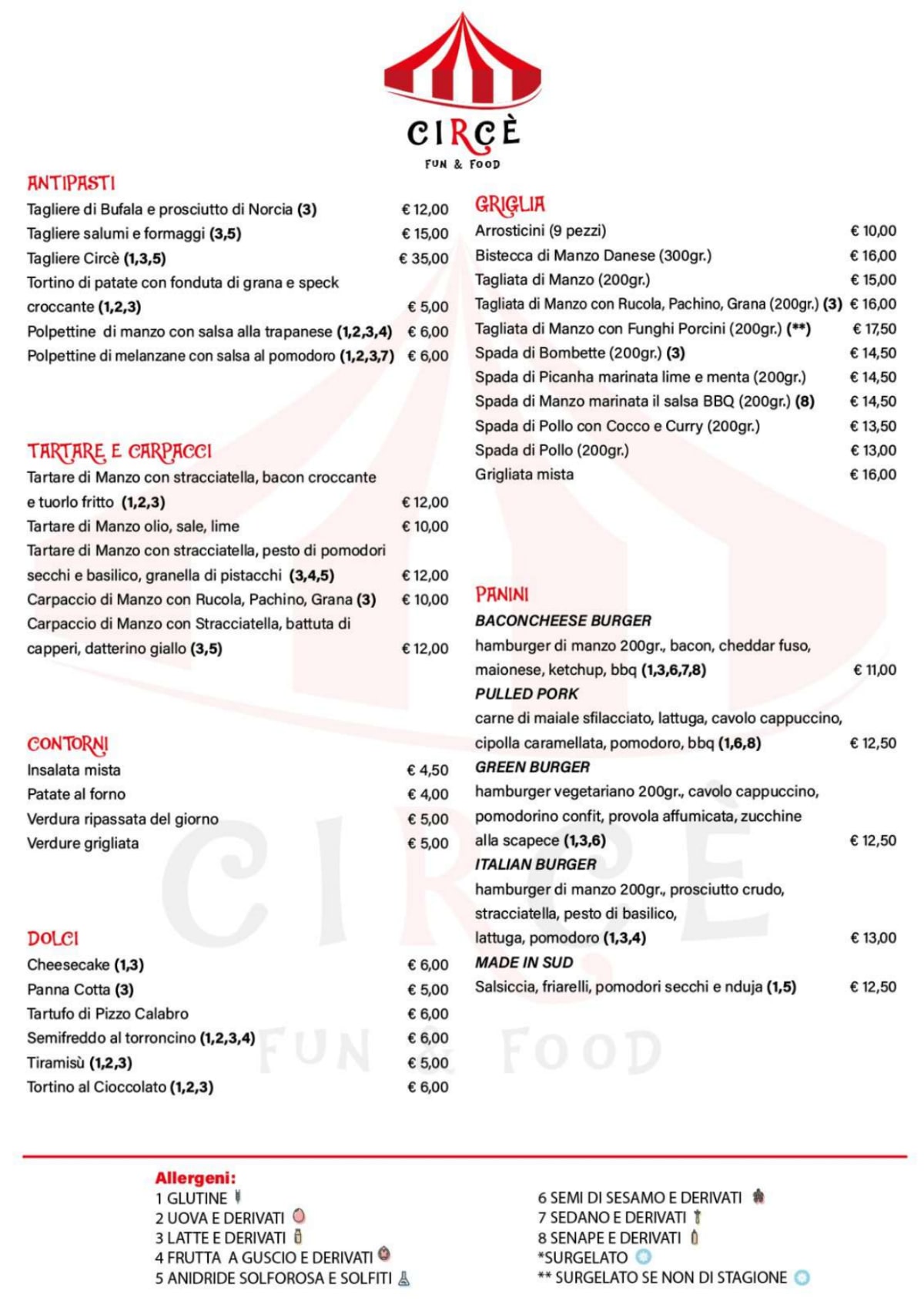 Circè Fun & Food menu