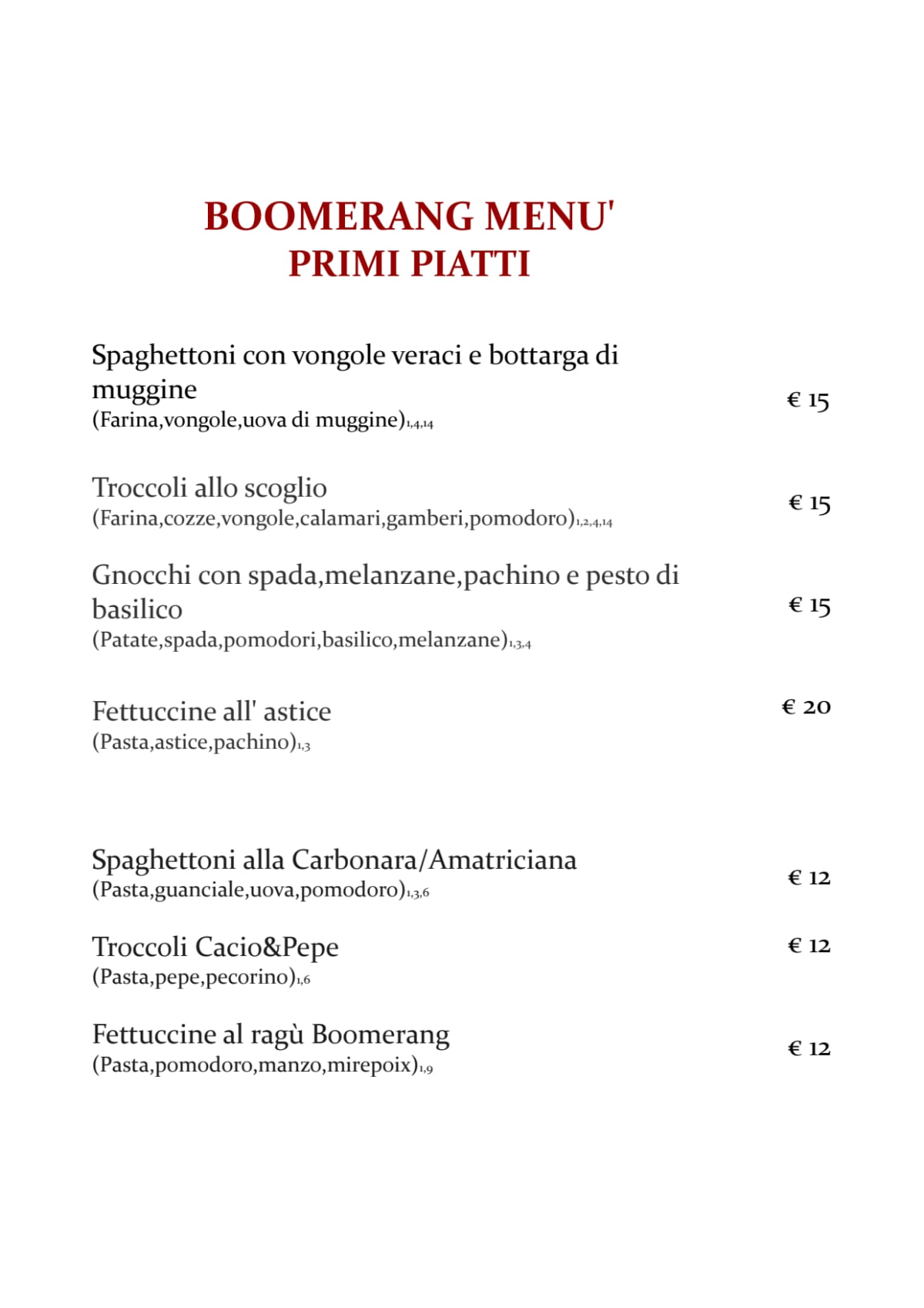 Boomerang Bistrot menu