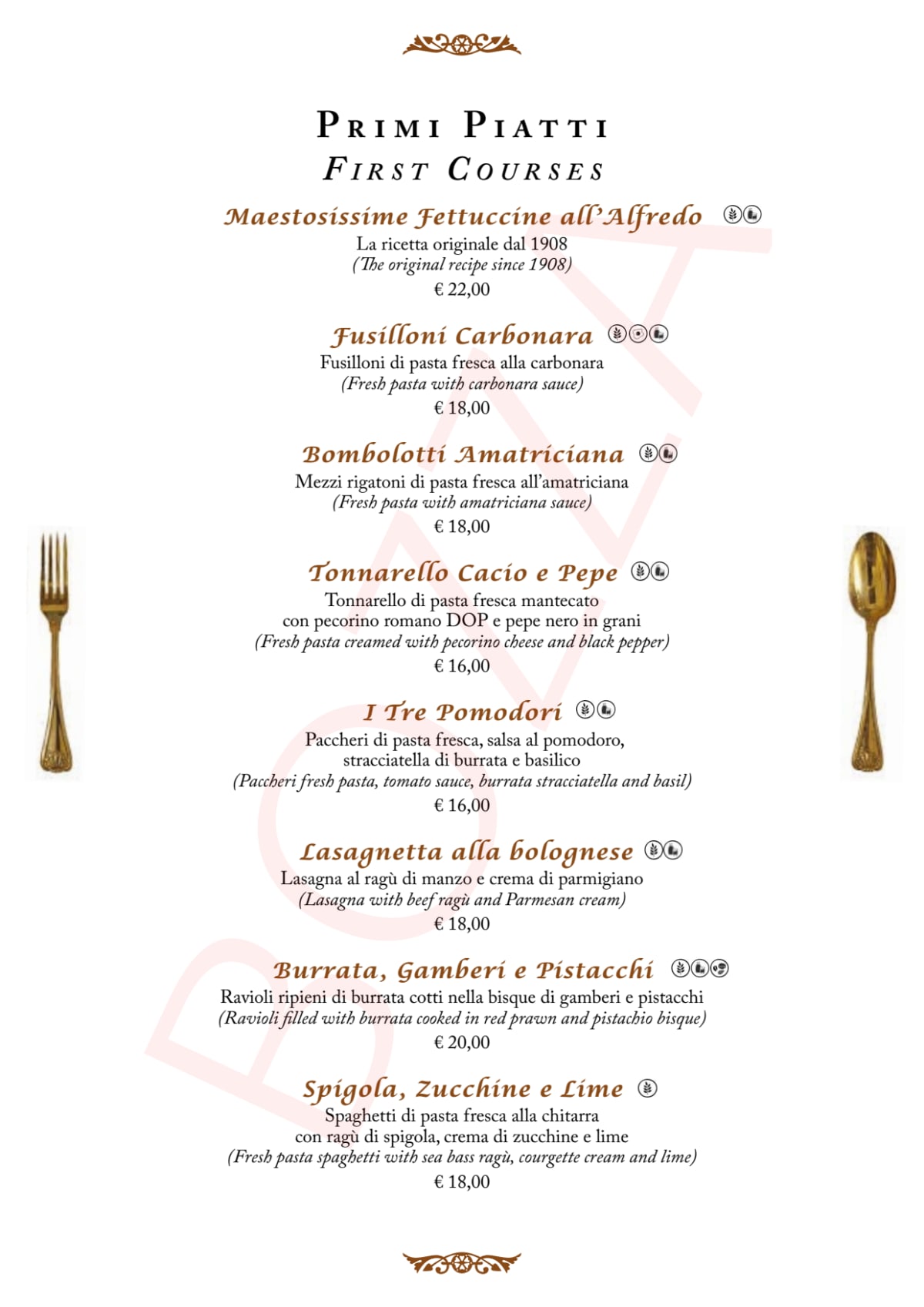 Il Vero Alfredo menu