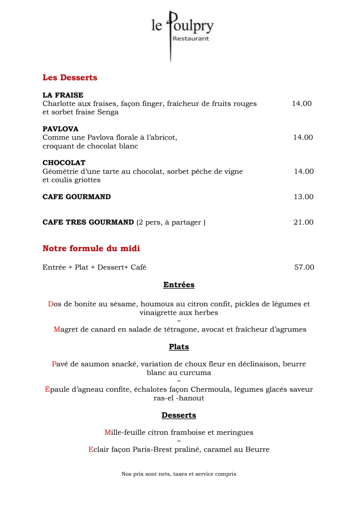 Le Poulpry menu