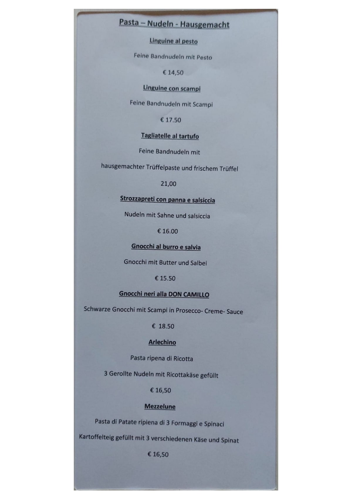 Carte et Menus 2024 Ristorante Don Camillo à Berlin TheFork