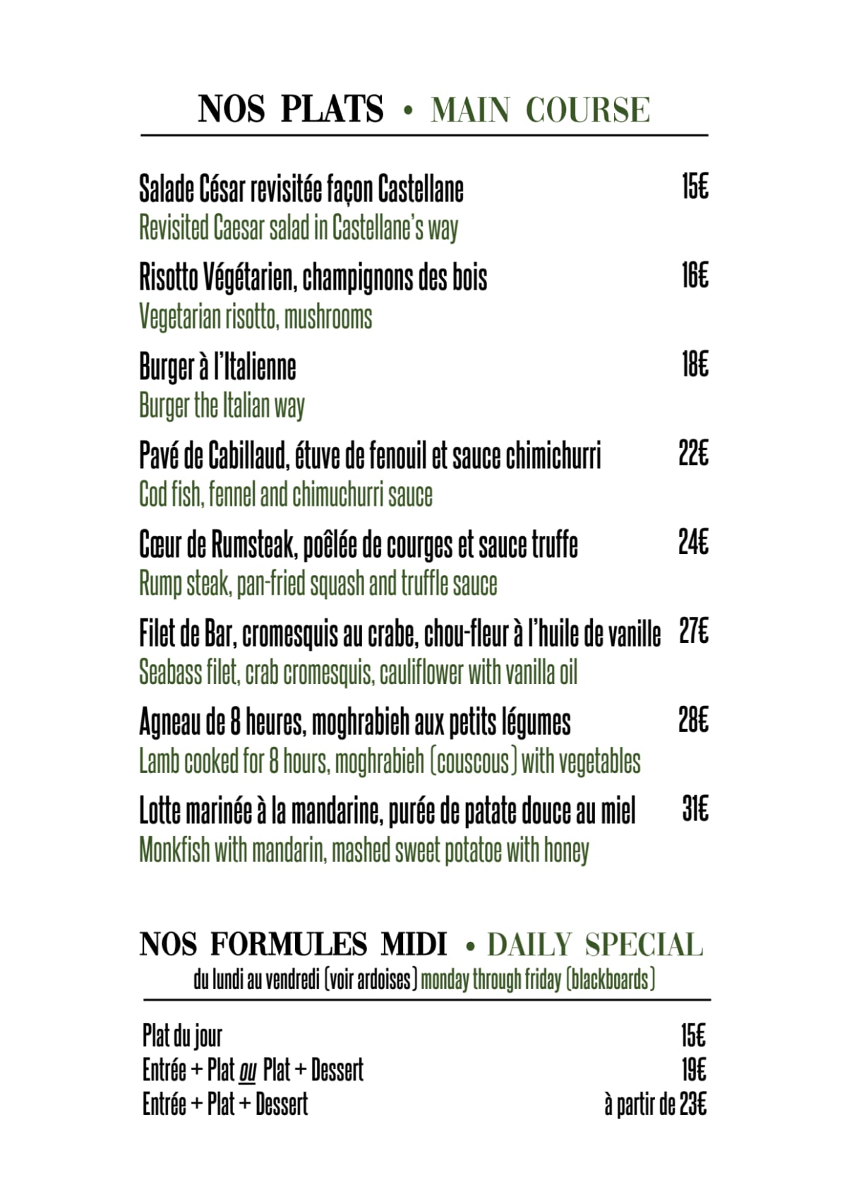 Carte et Menus 2023 Le Bistrot Castellane à Paris TheFork