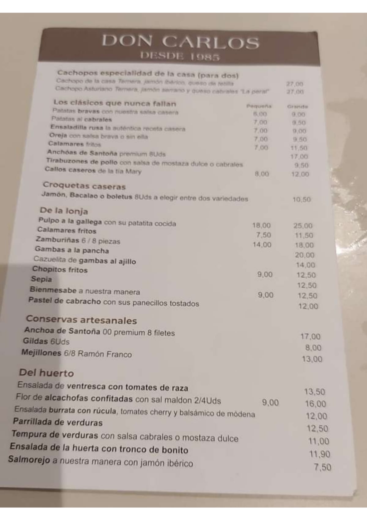 Sidreria Don Carlos menu