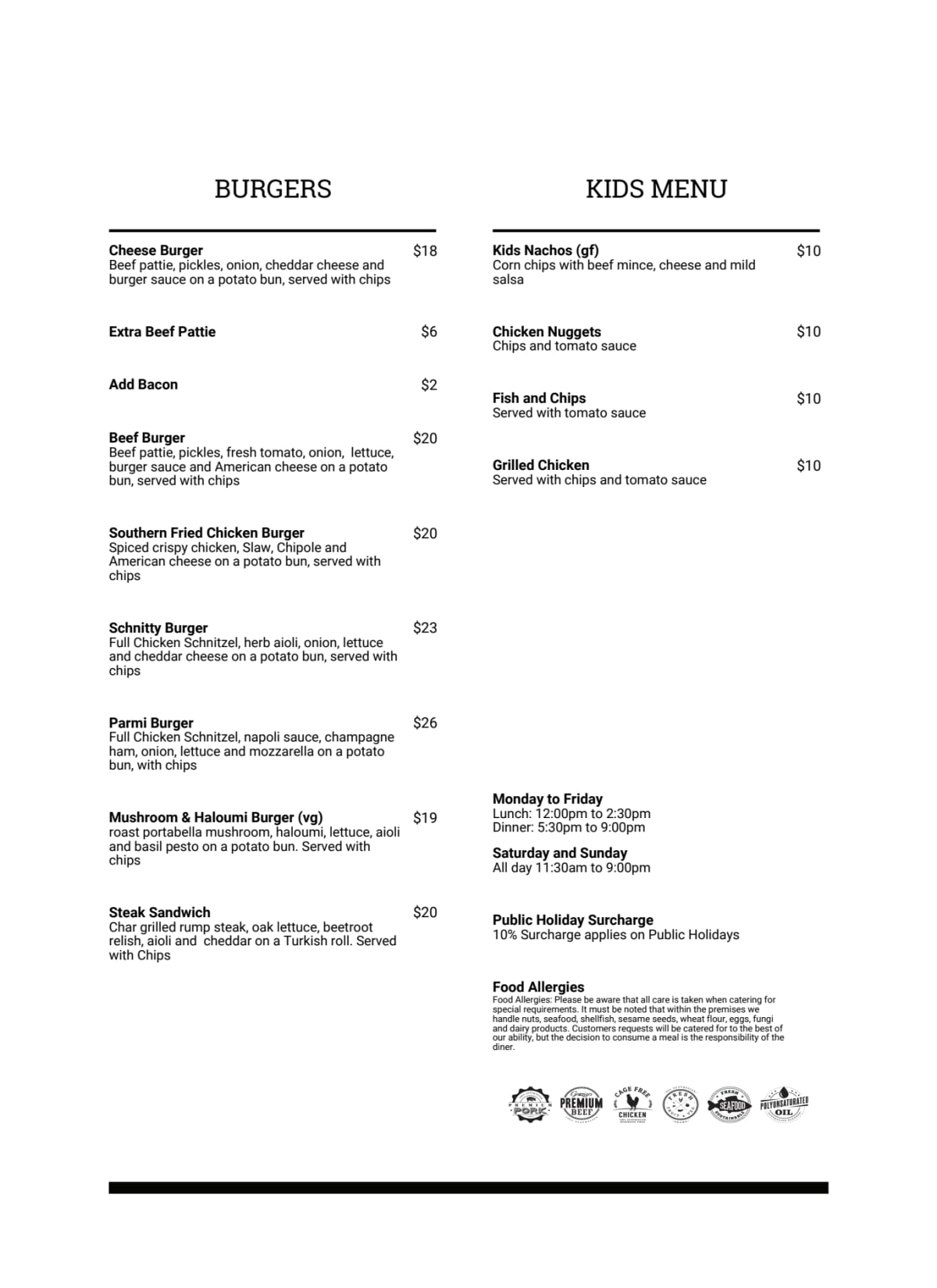 Carte et Menus 2024 North Wollongong Hotel à North Wollongong (NSW