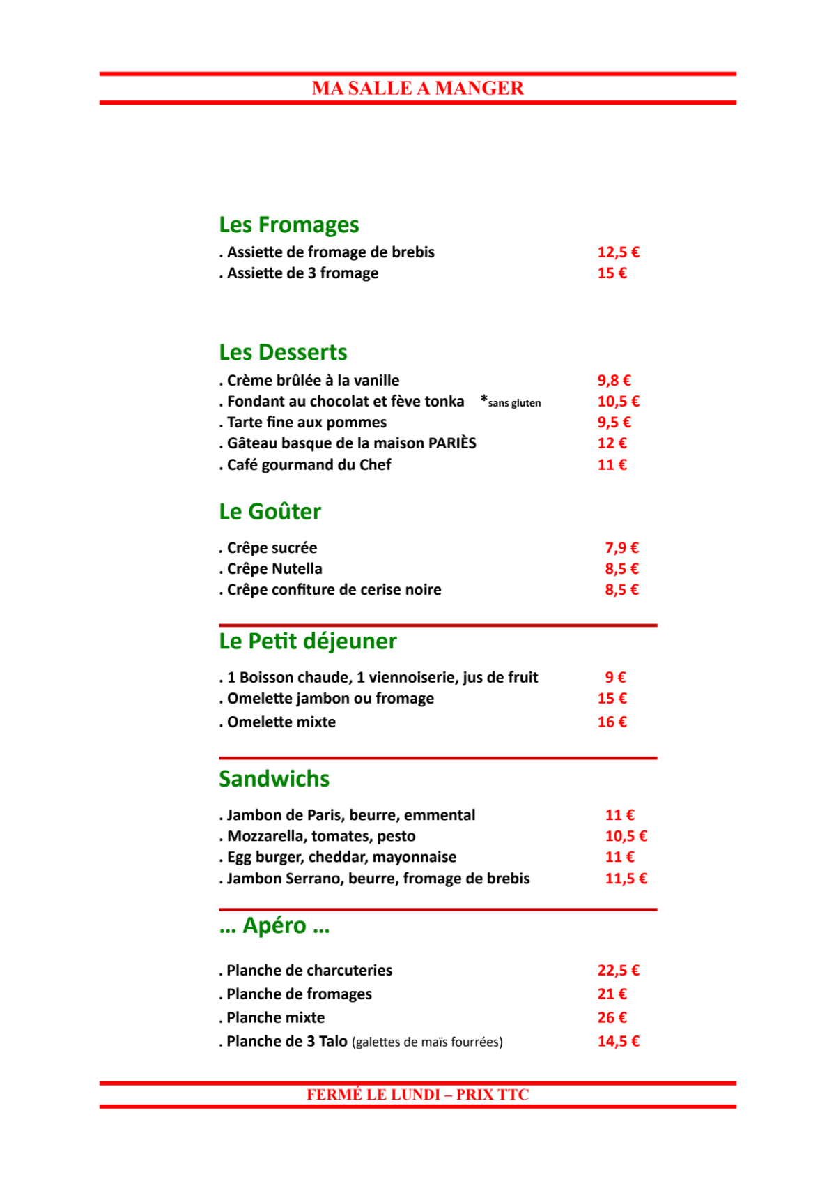 Ma Salle à Manger menu