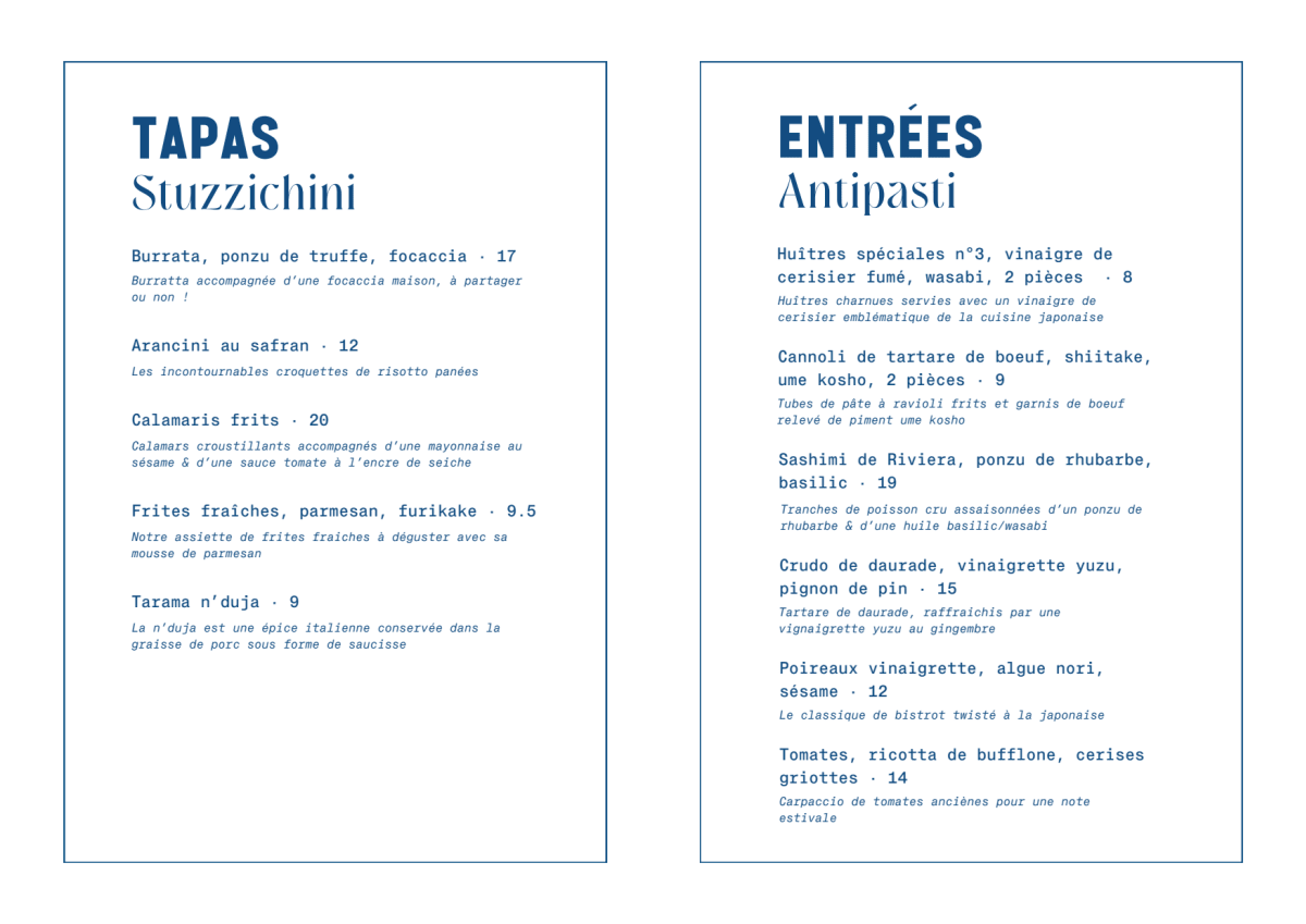 Riviera Fuga menu