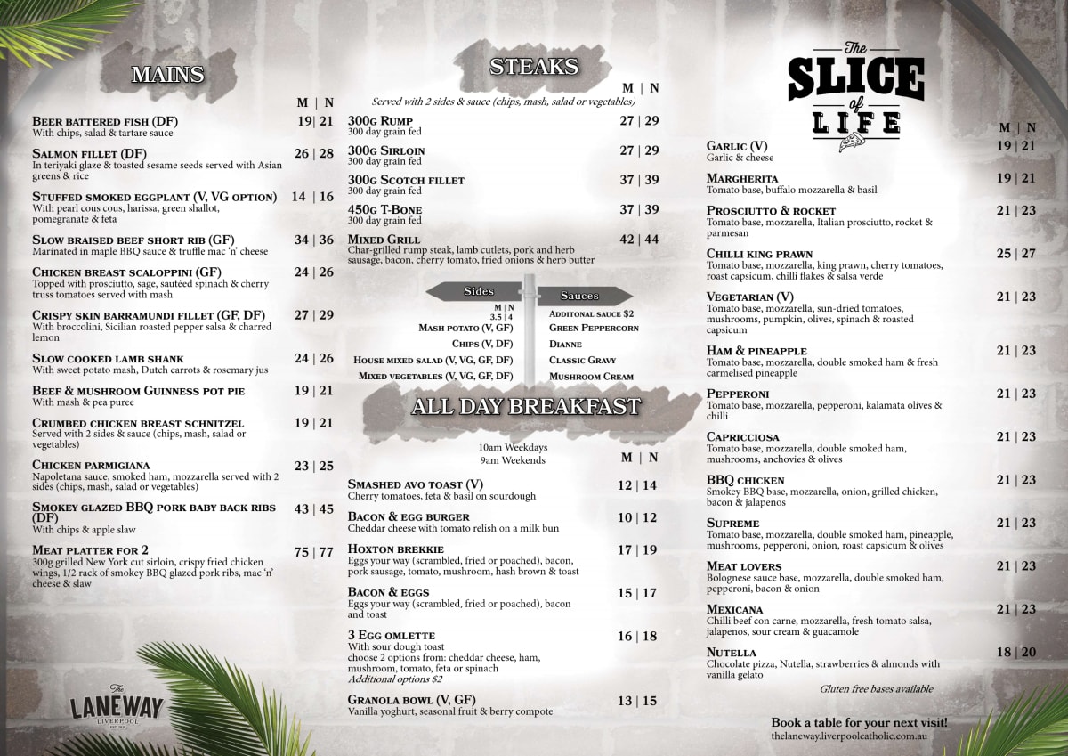 Menu 2023 Liverpool Catholic Club Laneway Restaurant in Prestons