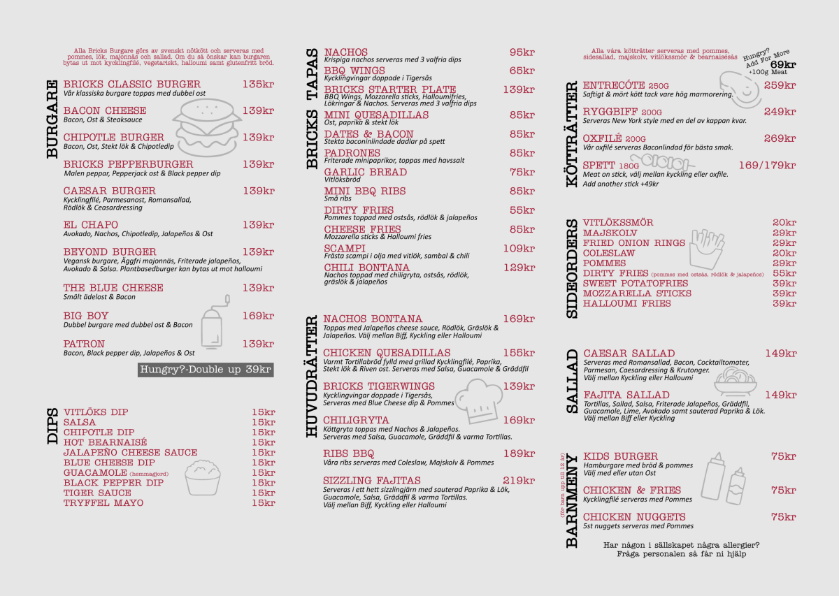 Bricks Burgers and Steaks - Sickla menu