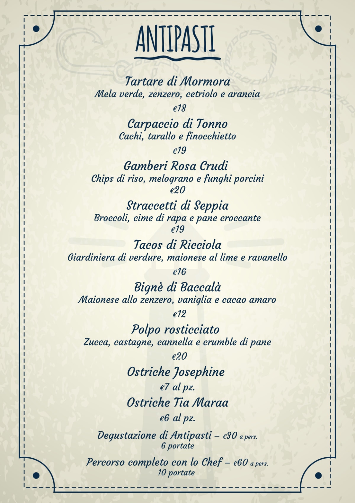 Porto Quadro menu