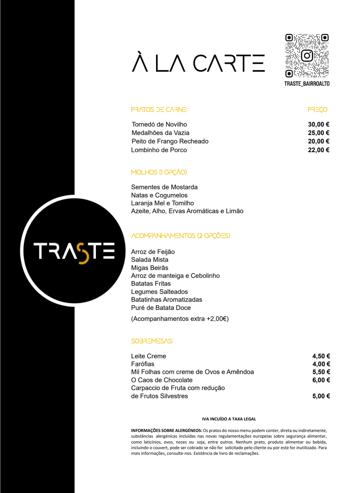 Traste Bairro Alto menu