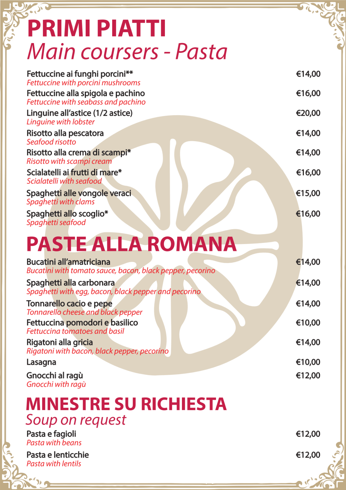 La Ruota menu