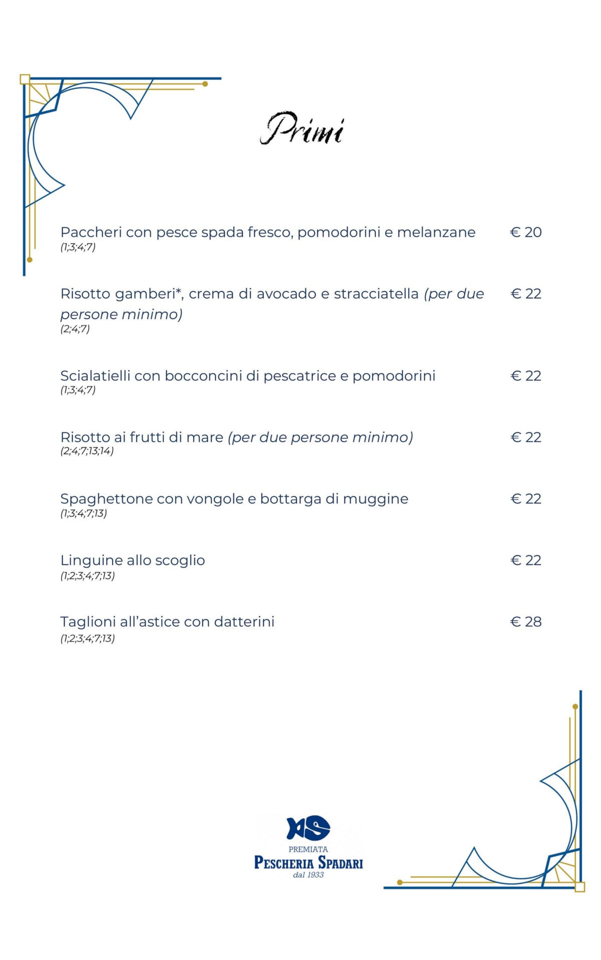 Premiata Pescheria Spadari Ristorante menu