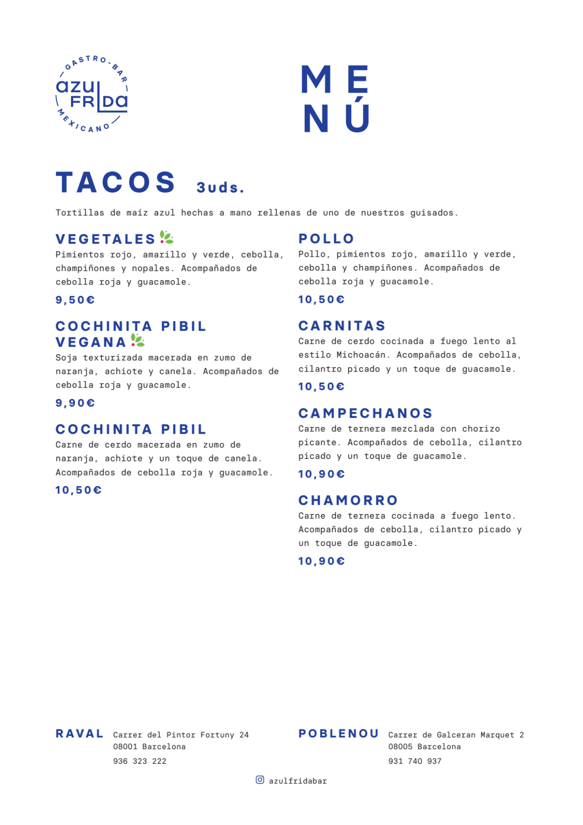 Azul Frida menu