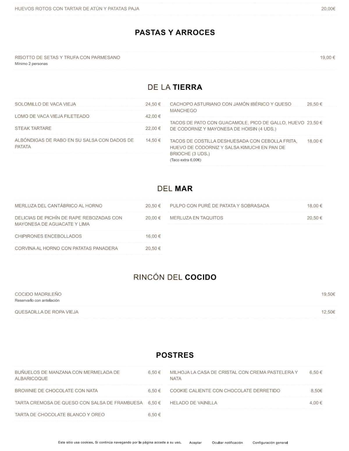 La Casa de Cristal menu