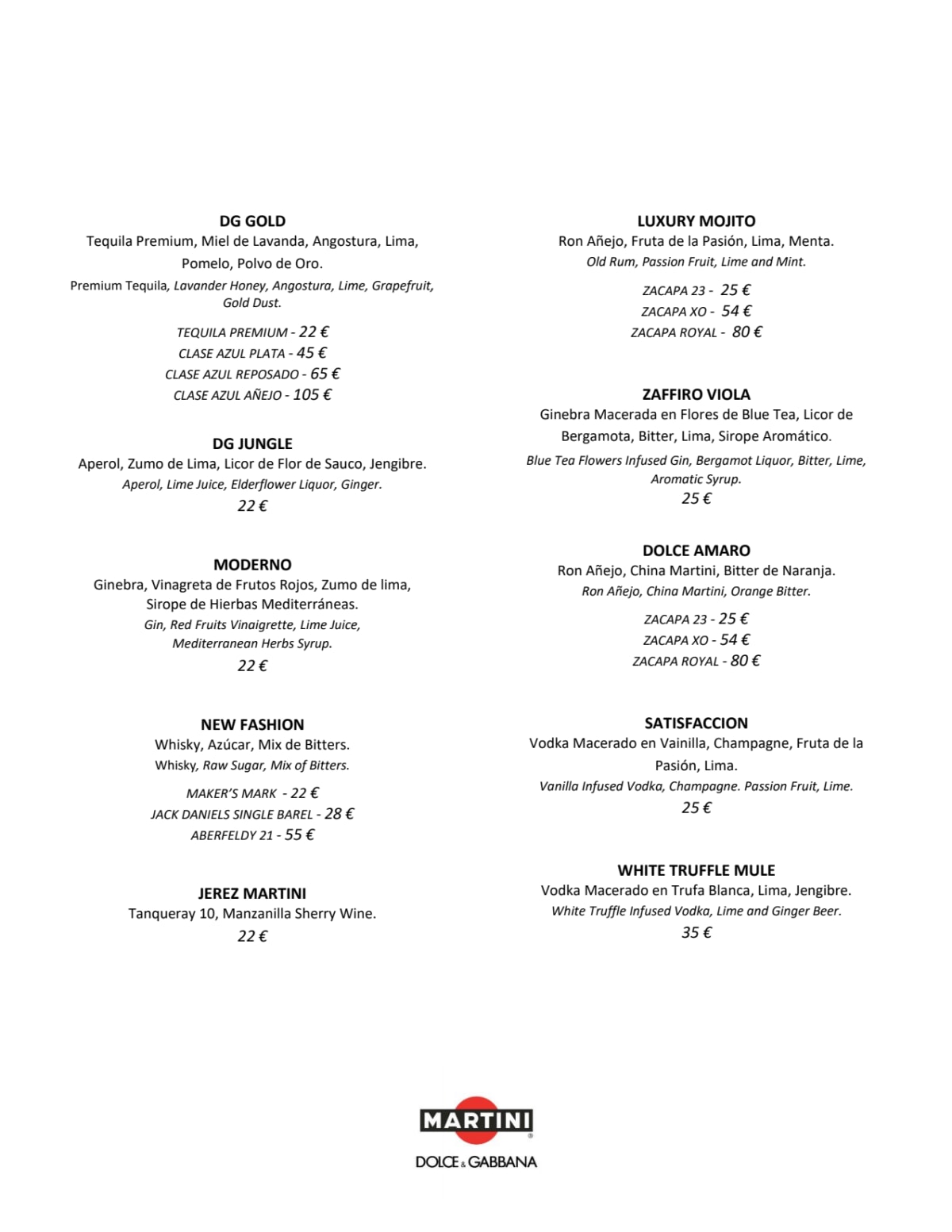 Menus 2023 Martini Bar by Dolce & Gabbana in Marbella TheFork