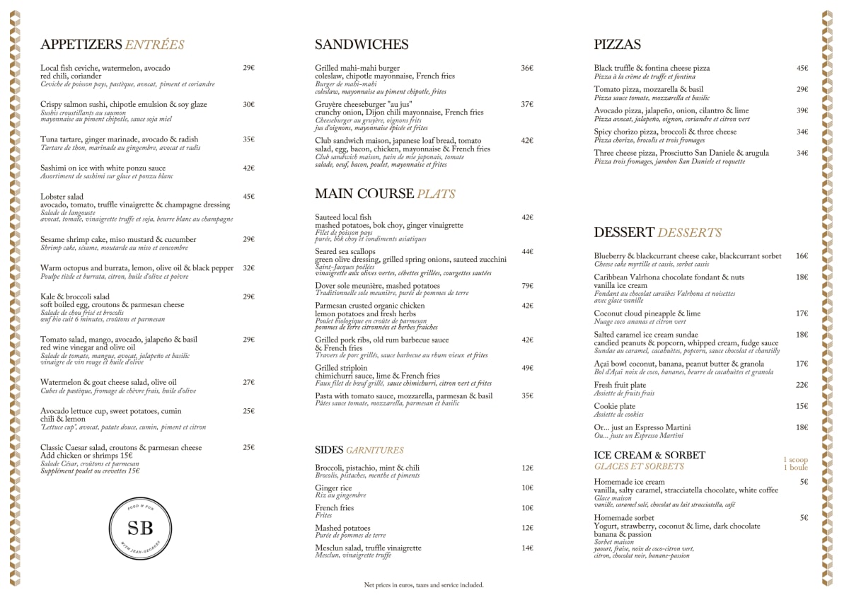 Menu 2024 Sand Bar in Gustavia TheFork