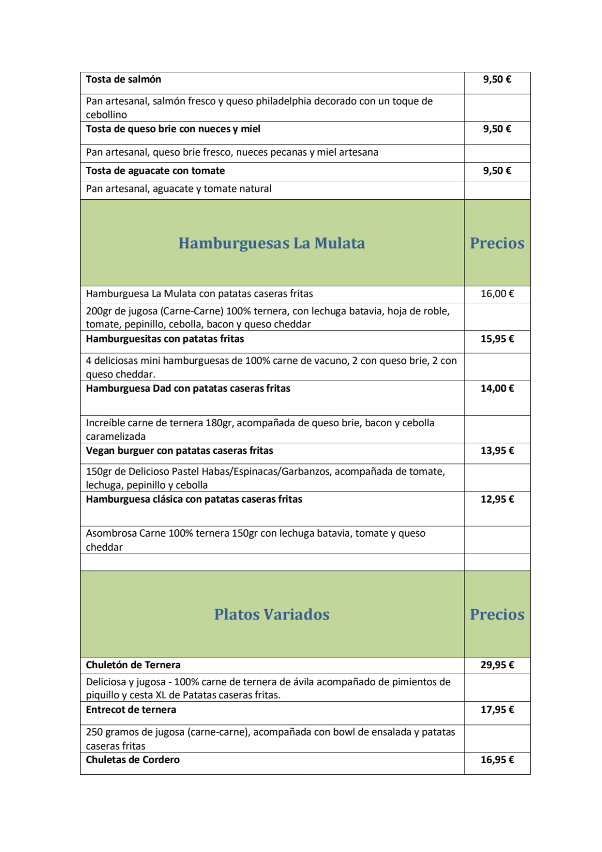 La Mulata Latina menu