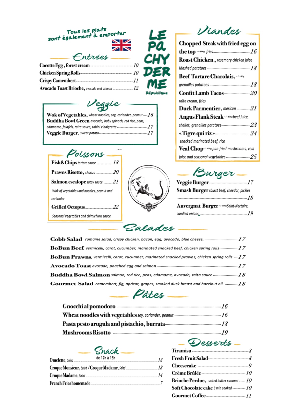 Le Pachyderme menu