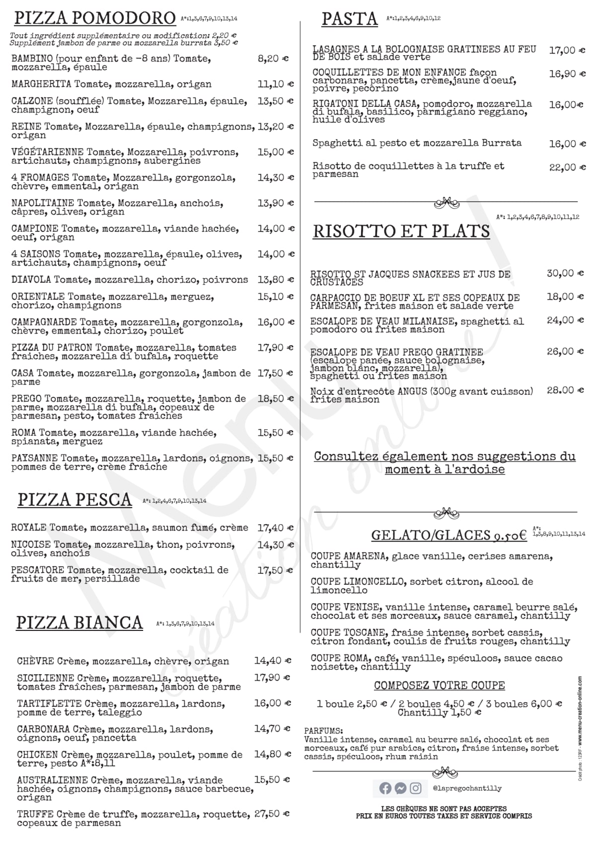 Carte et Menus 2023 La Prego Restaurant et Epicerie Italienne à