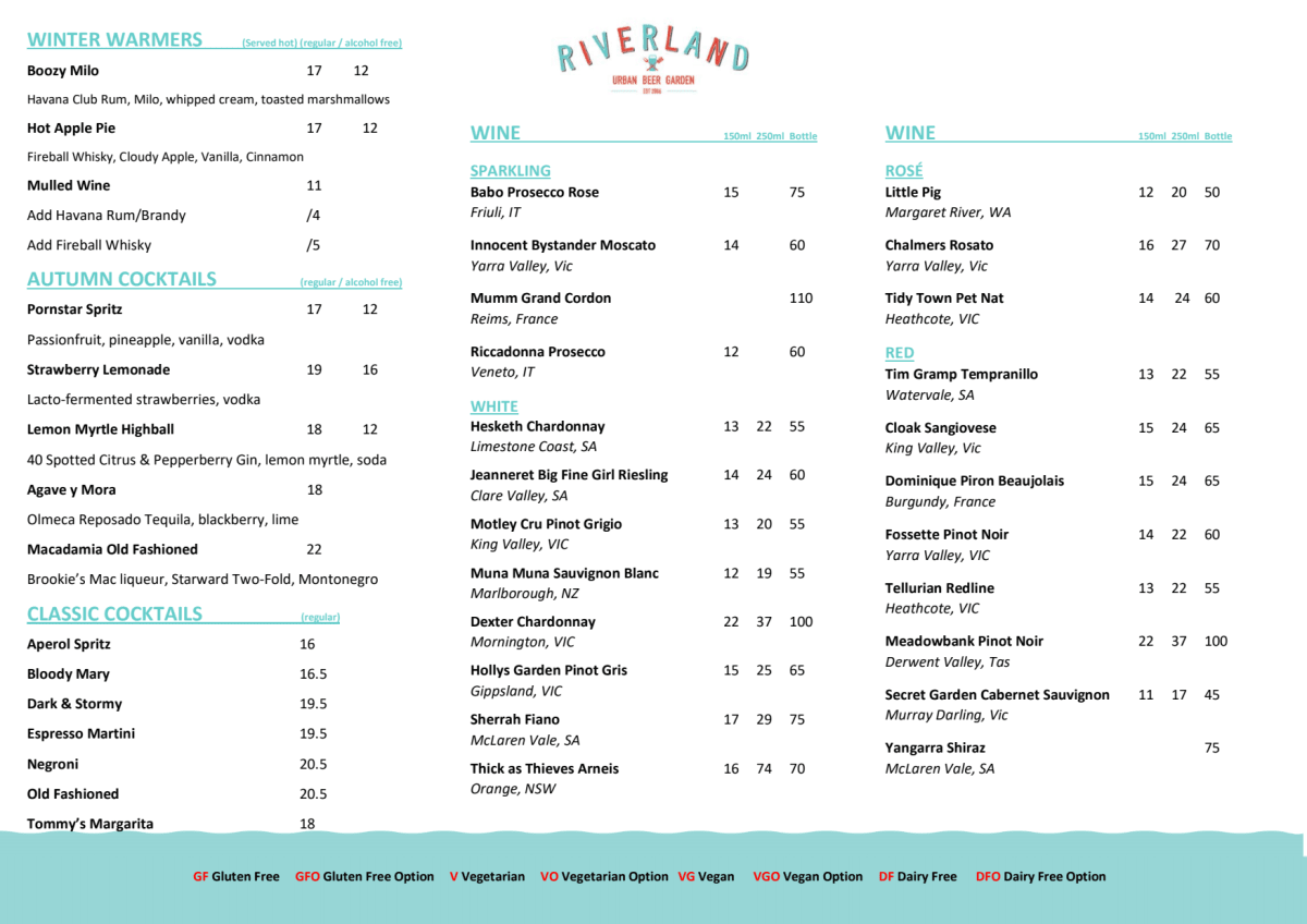 Carta y menù 2023 Actualizados Riverland Bar en Melbourne (VIC) TheFork