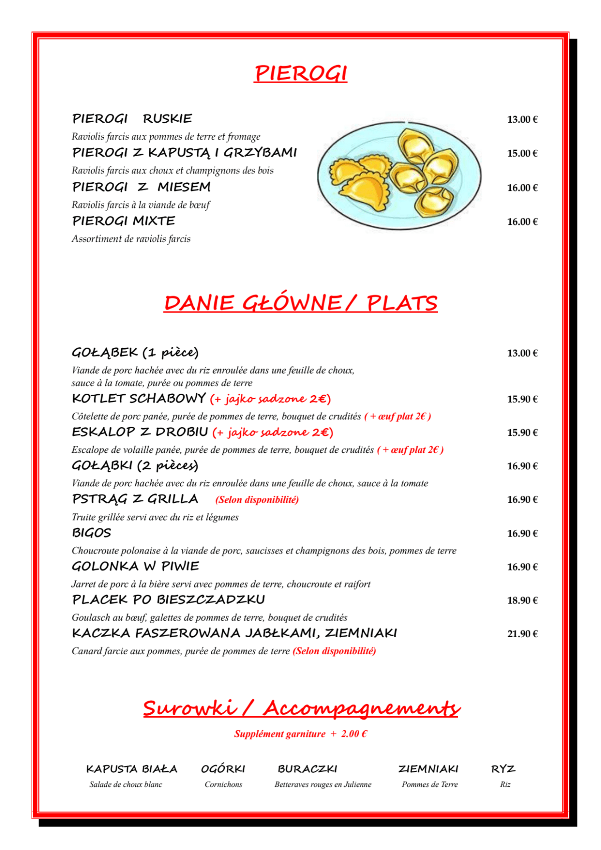 Paris Polska menu