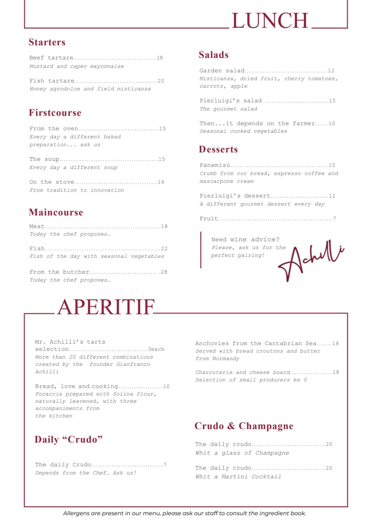 Bistrot Achilli al Parlamento menu