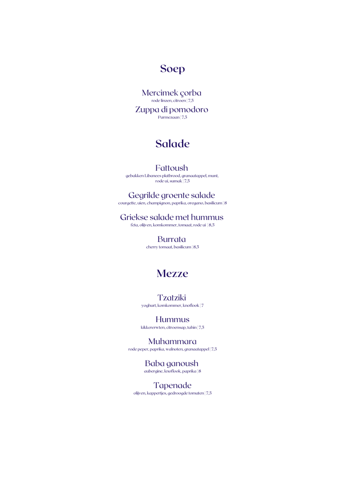 Restaurant Oeverzicht menu