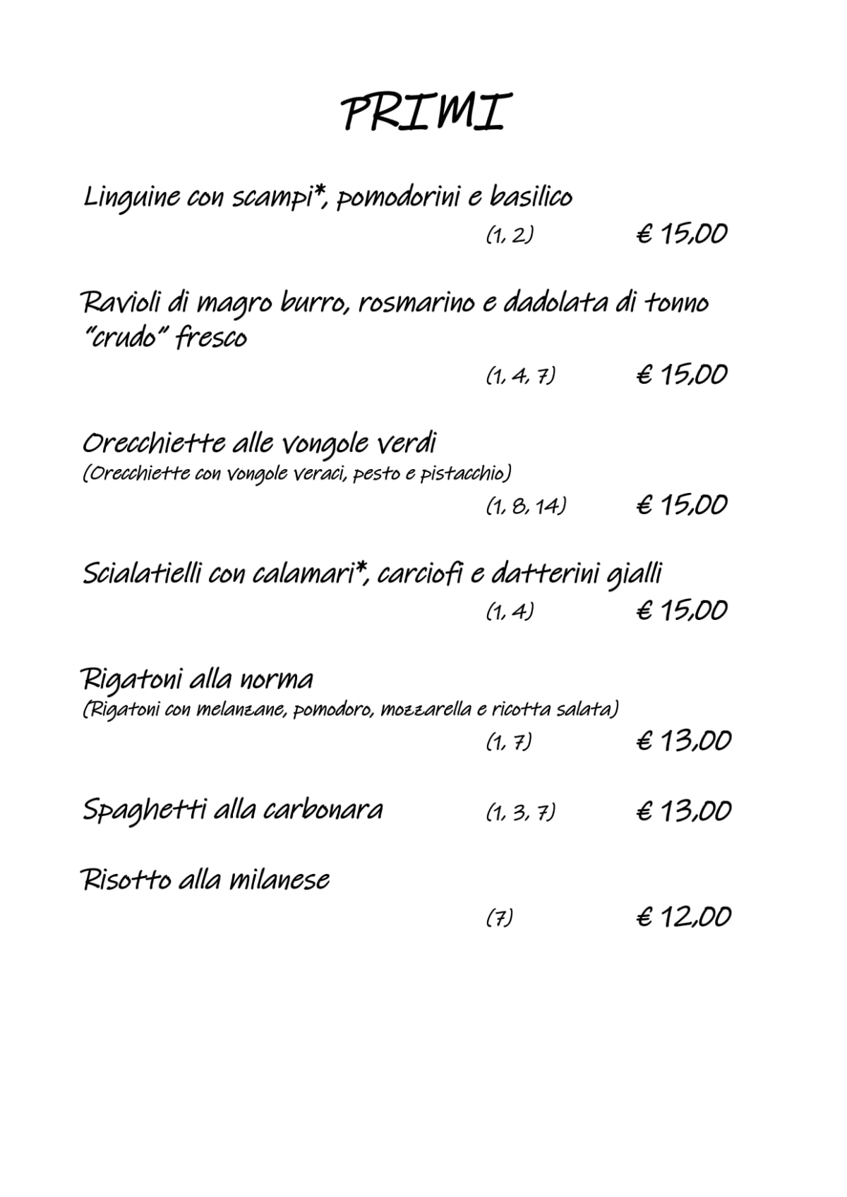 Caffè degli Artisti menu