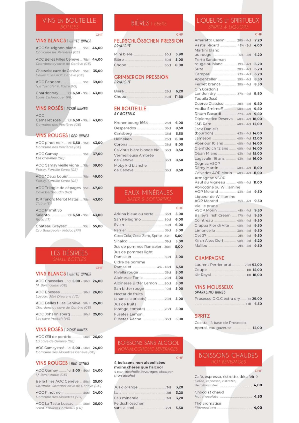 Swiss Bistro menu