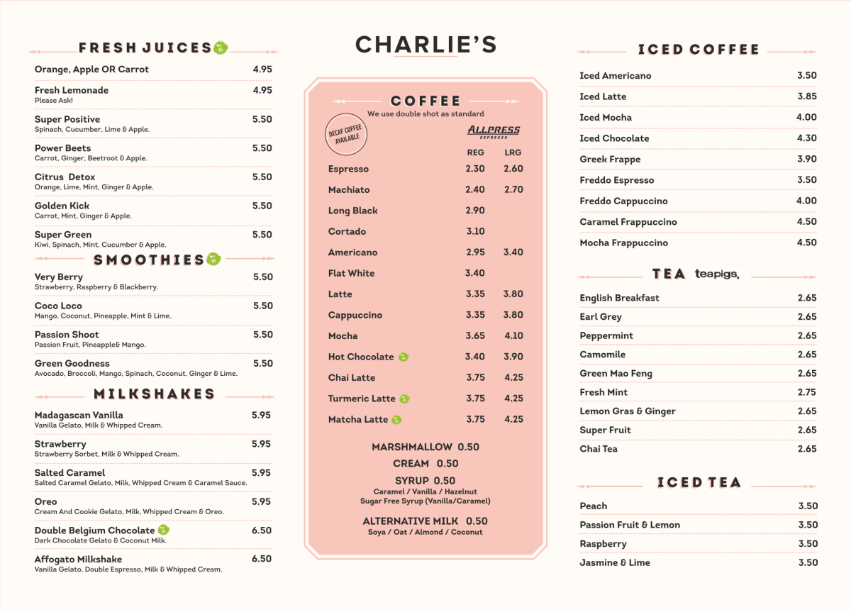 Carte et Menus 2024 Charlie's Cafe & Bakery à Londres TheFork